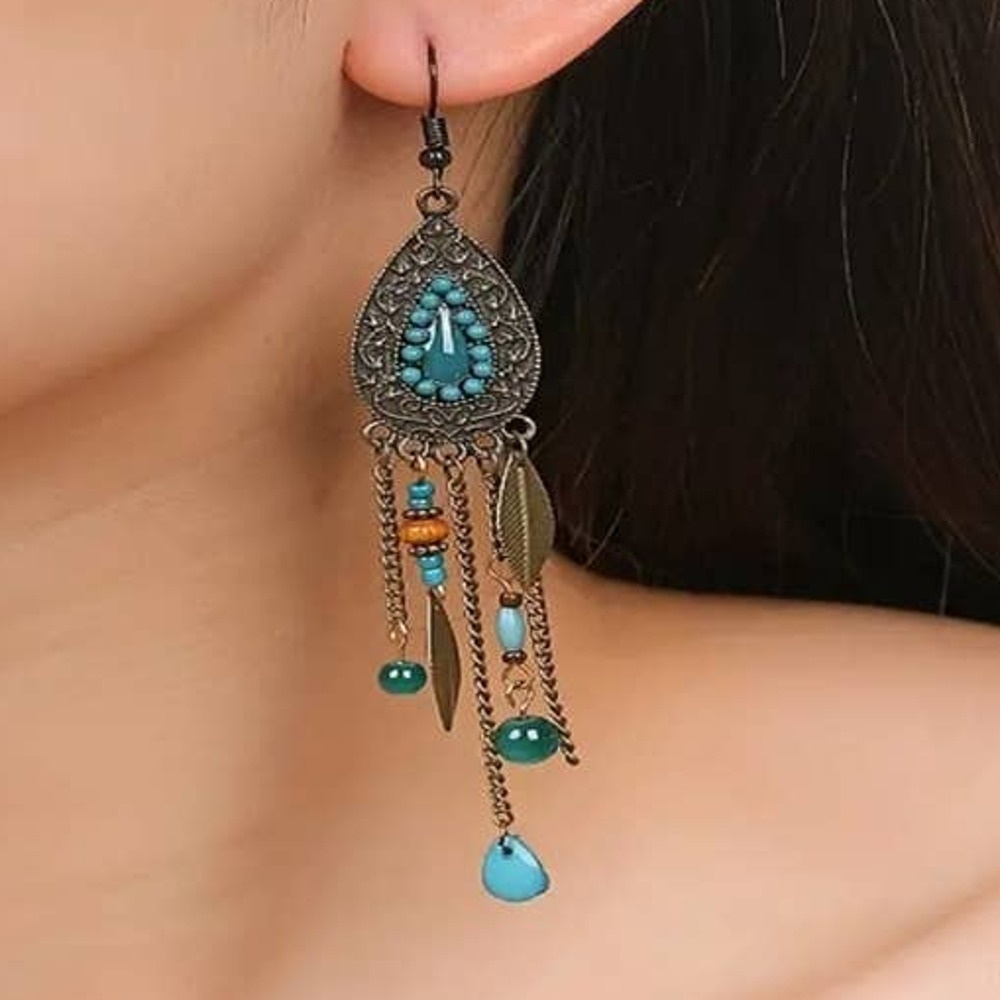 Vintage Boho‎ Leafy Oval Tassel Earrings Dangle Blue Orange Yellow Gold Green